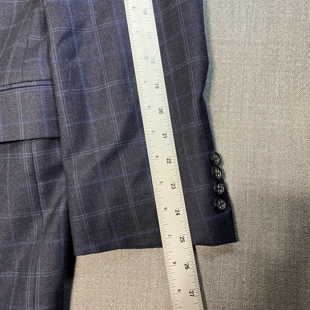 Jack Victor Mens 44L Blazer Navy Blue Windowpane Super 120s Wool Sport Coat 44 L
